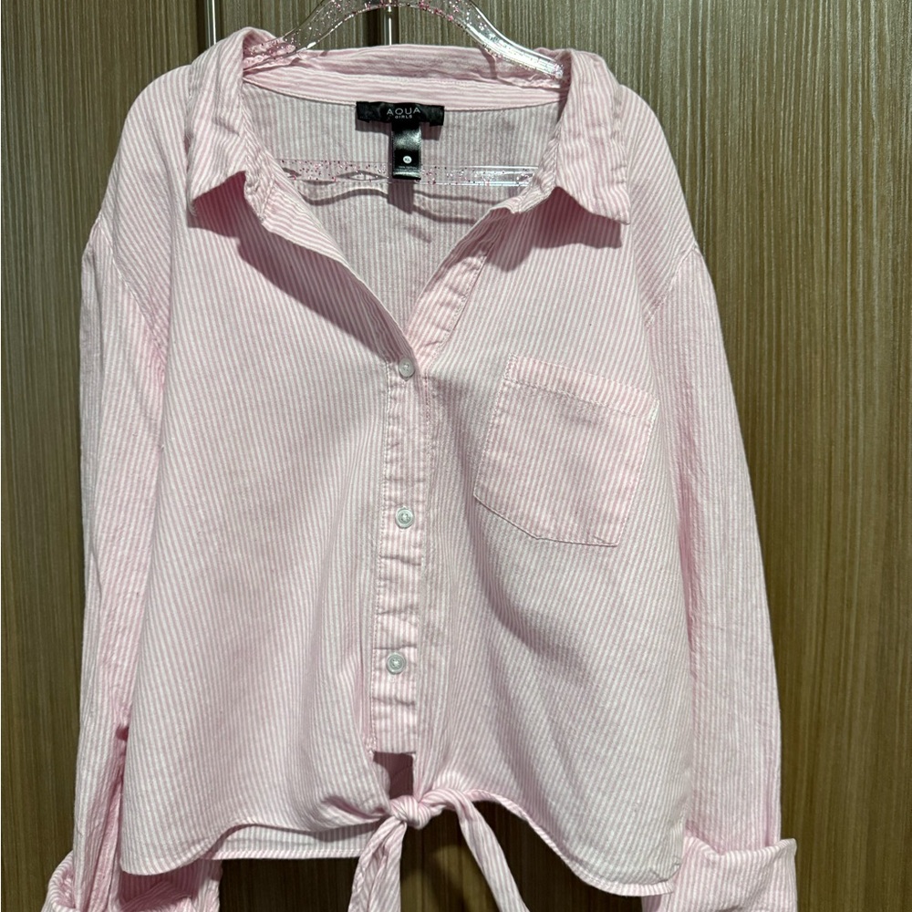 Aqua Girls Striped Pink and White Button-Up Shirt Tie Front Size (XL or 12)